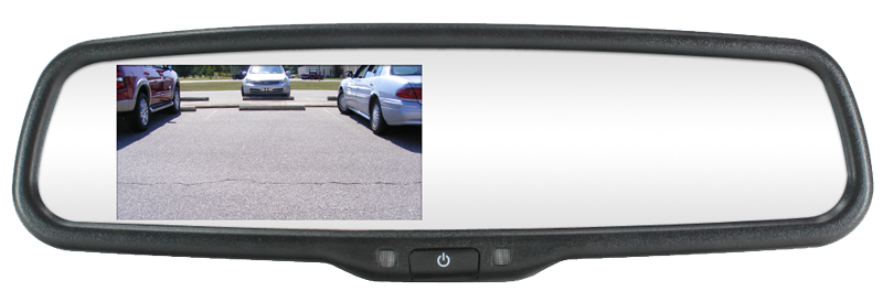 A rear view mirror with a picture of a parking lot on it