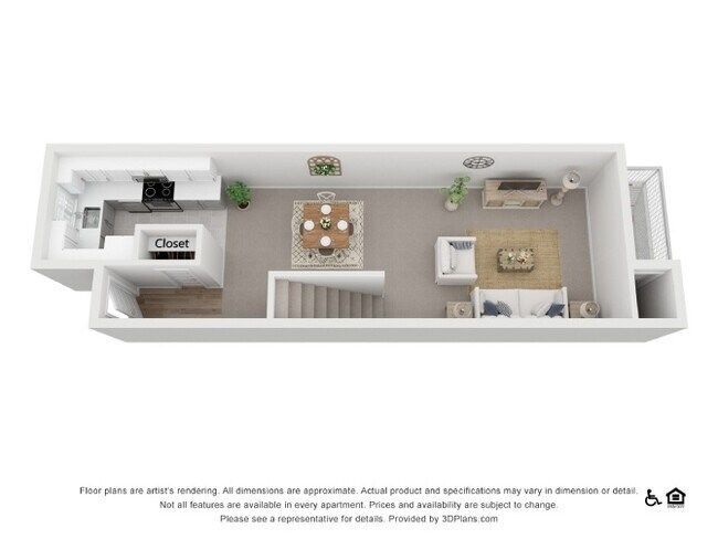 Floor plan of a studio apartment: living room, bedroom, kitchen, bathroom.