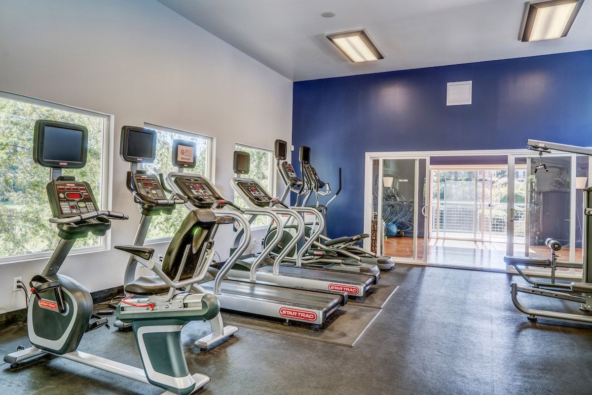 Fitness center with treadmills and ellipticals along a bright wall.