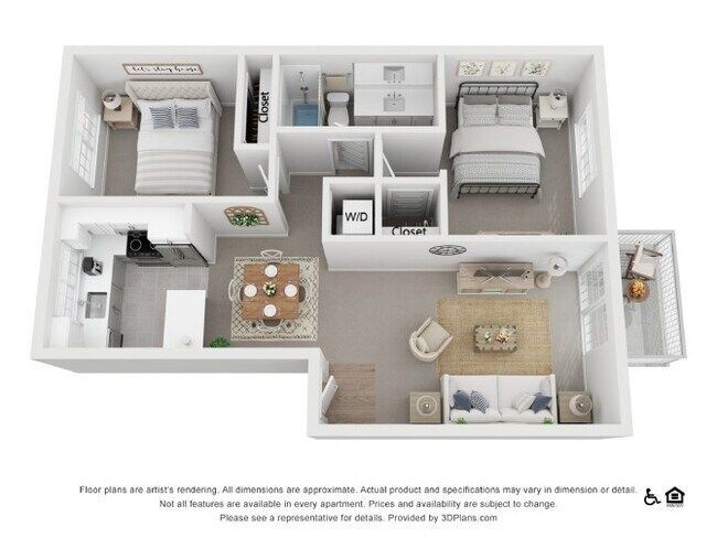 Floor plan of a 1-bedroom, 1-bath apartment. Includes kitchen, living room, bedroom, and bathroom.