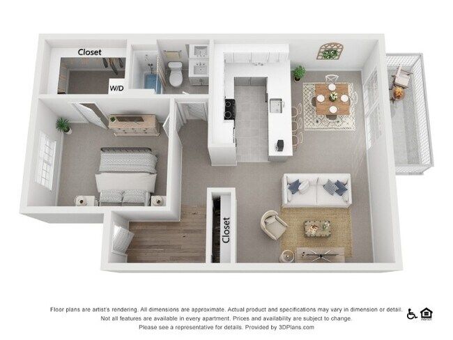 Floor plan of a junior 1-bedroom apartment. Shows living room, kitchen, bedroom, bathroom, and closets.