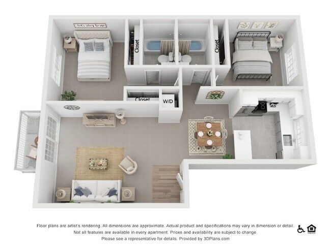 Floor plan of a junior 1-bedroom apartment. Shows living room, kitchen, bedroom, bathroom, and closets.