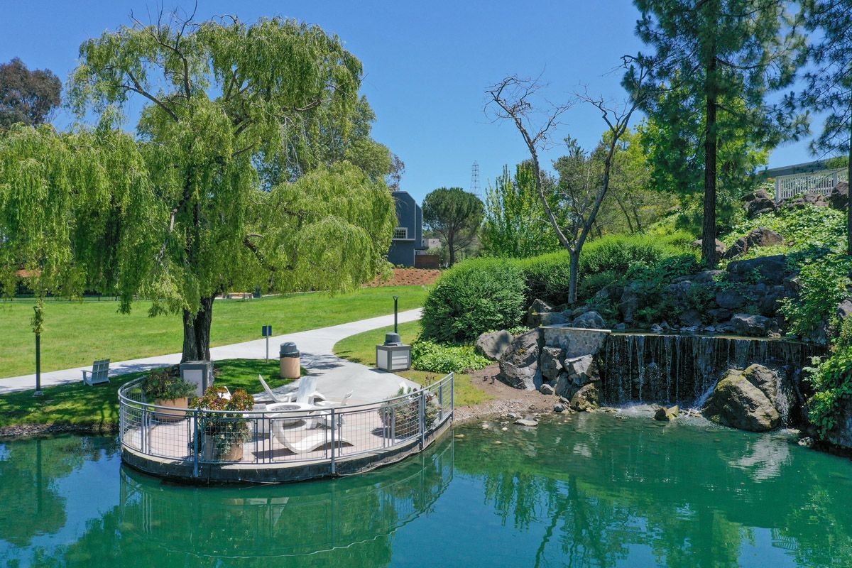 Outdoor community courtyard with a pond, waterfall, and greenery.