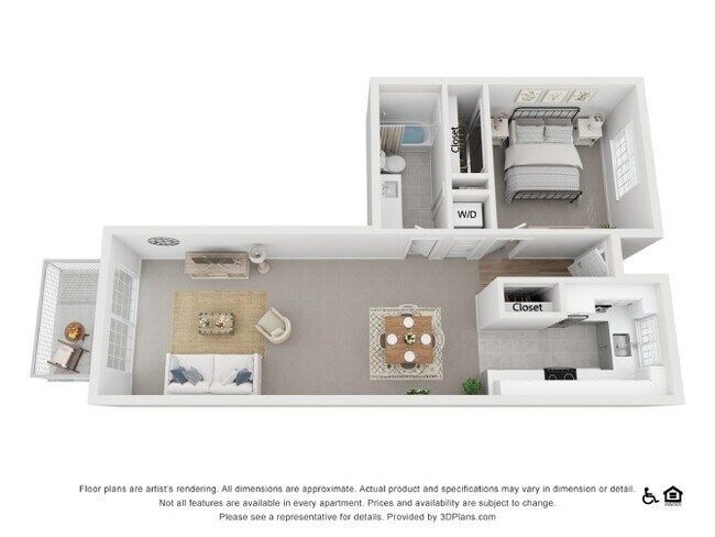 Floor plan of a studio apartment: living room, bedroom, kitchen, bathroom.