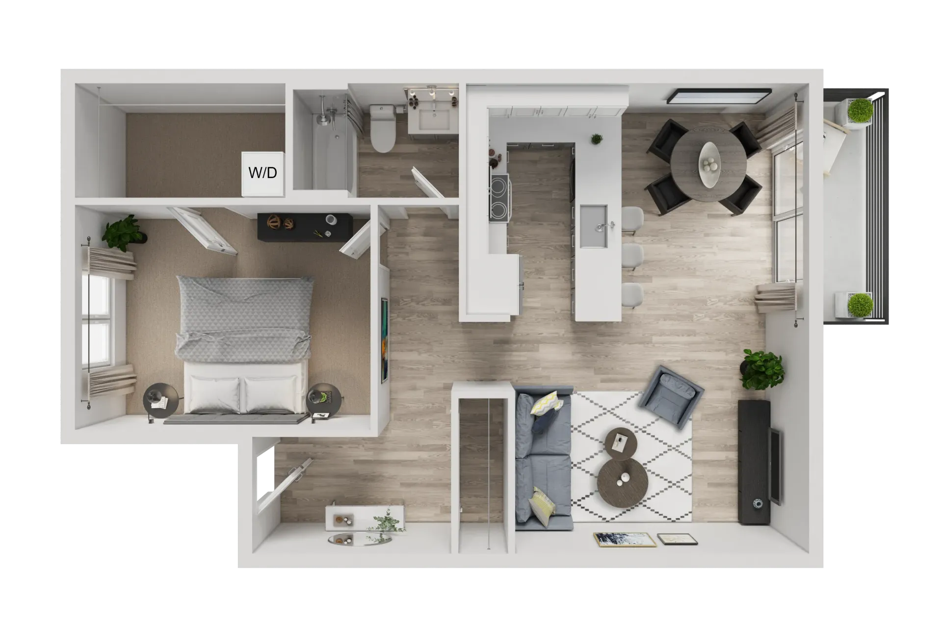 Floor plan of a junior 1-bedroom apartment. Shows living room, kitchen, bedroom, bathroom, and closets.