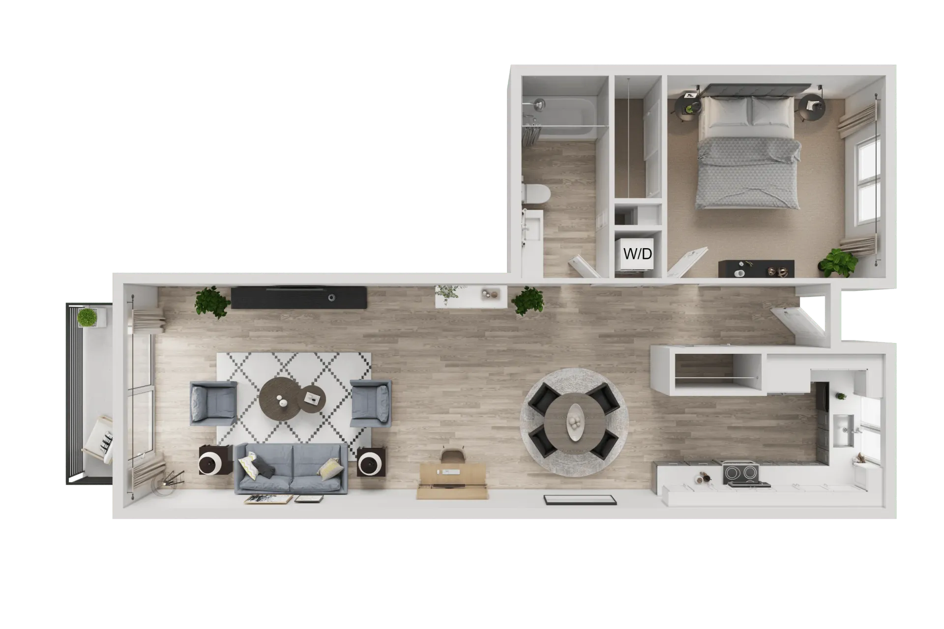 Floor plan of a studio apartment: living room, bedroom, kitchen, bathroom.