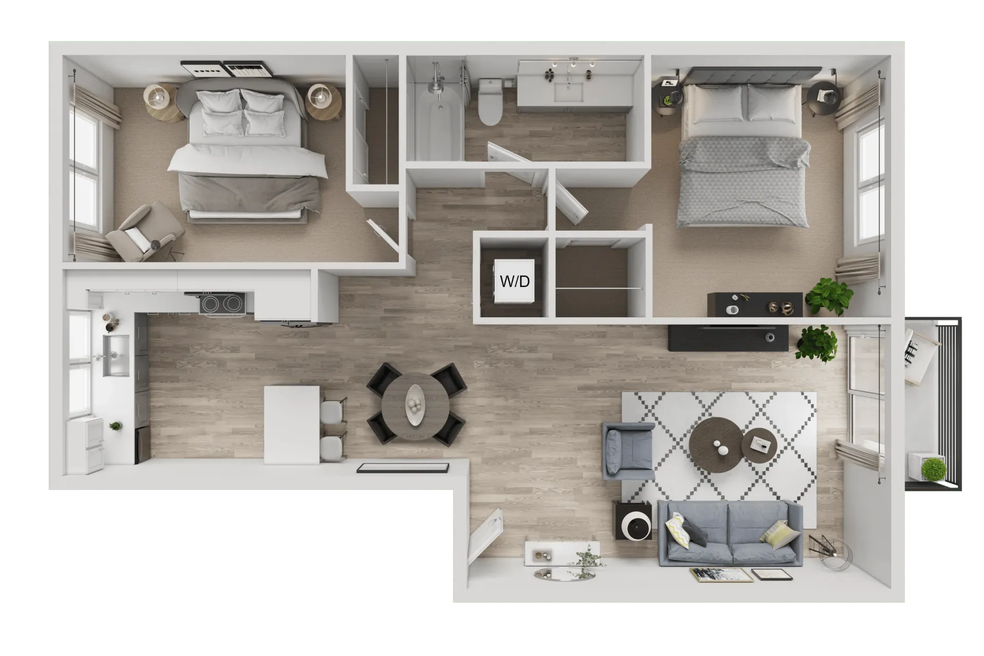 Floor plan of a 1-bedroom, 1-bath apartment. Includes kitchen, living room, bedroom, and bathroom.