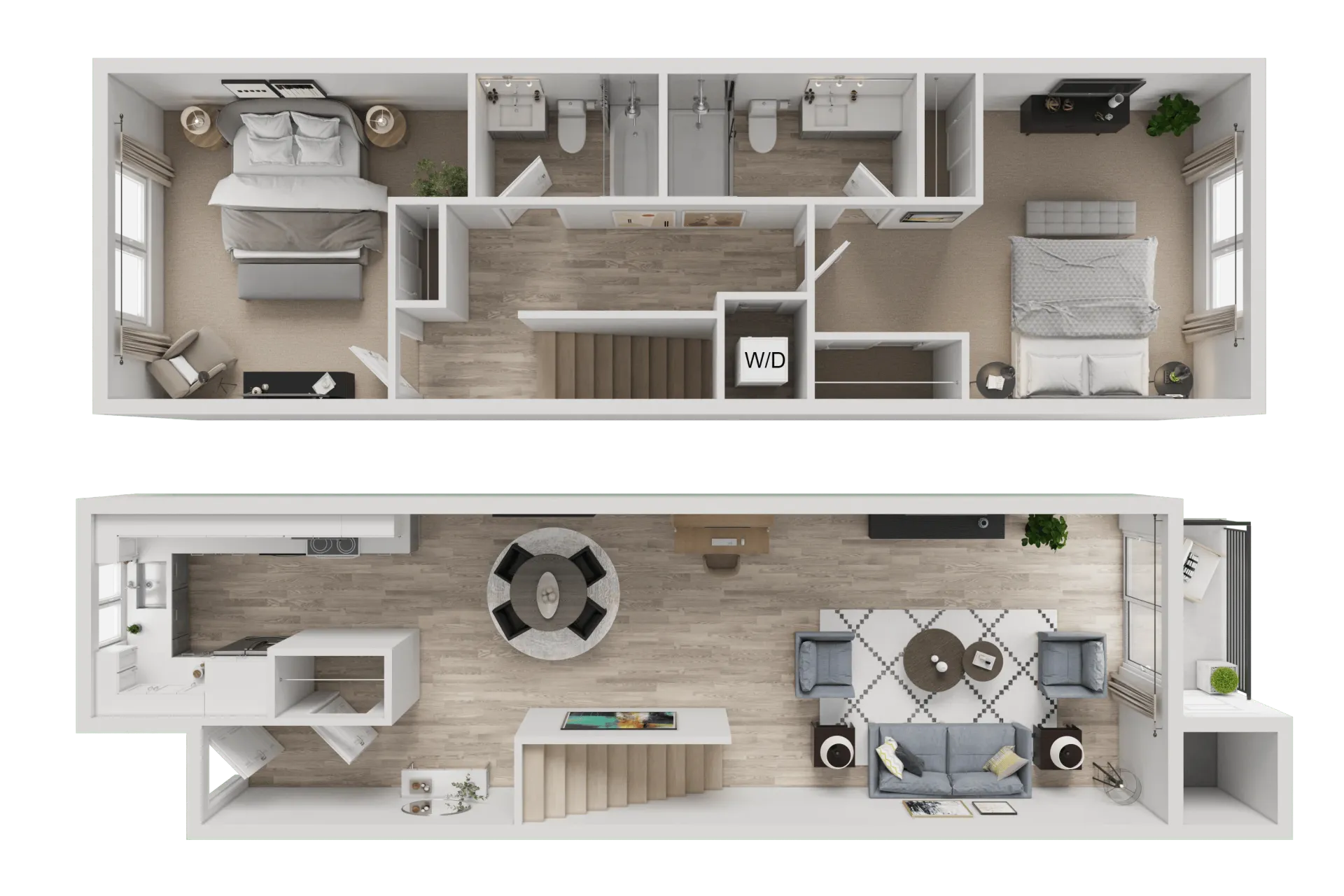 Floor plan of a studio apartment: living room, bedroom, kitchen, bathroom.
