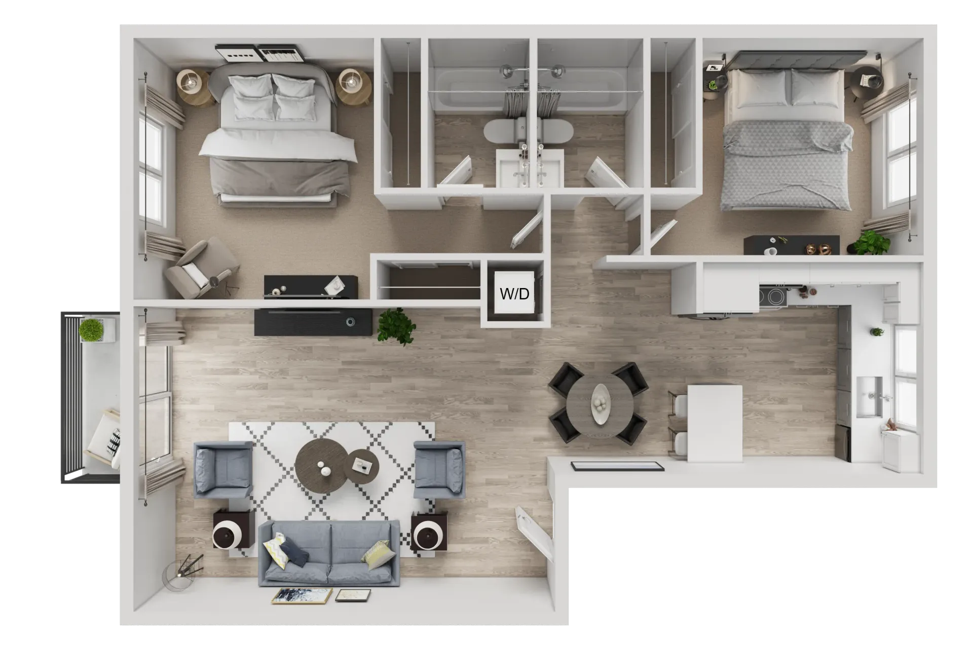 Floor plan of a junior 1-bedroom apartment. Shows living room, kitchen, bedroom, bathroom, and closets.