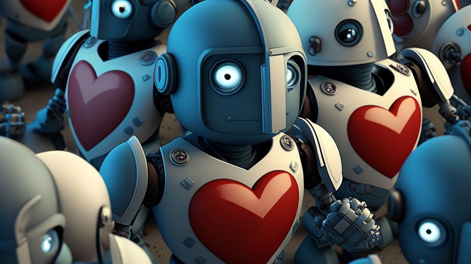 Robôs prateados com um coração vermelho no meio do peito. Imagem criada com inteligência artificial.