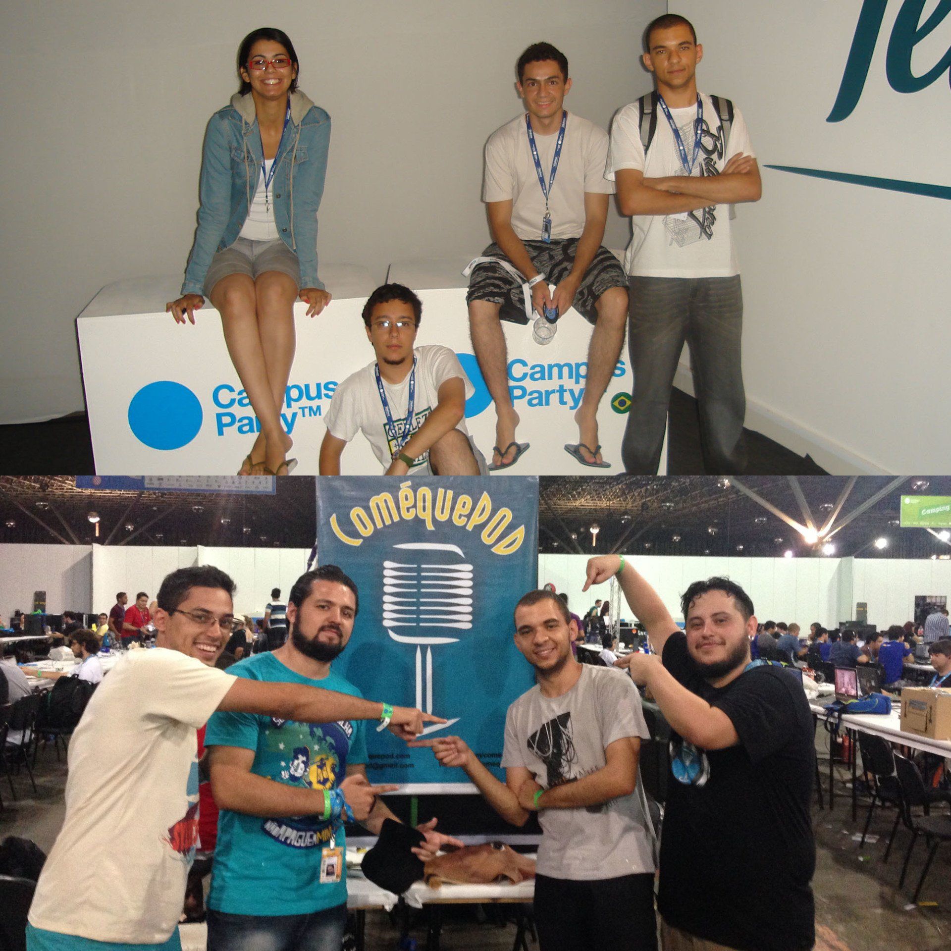 Duas fotos das equipes do ComéquePOD, uma em 2011 e outra em 2014. Cada foto apresenta quatro pessoas na Campus Party.