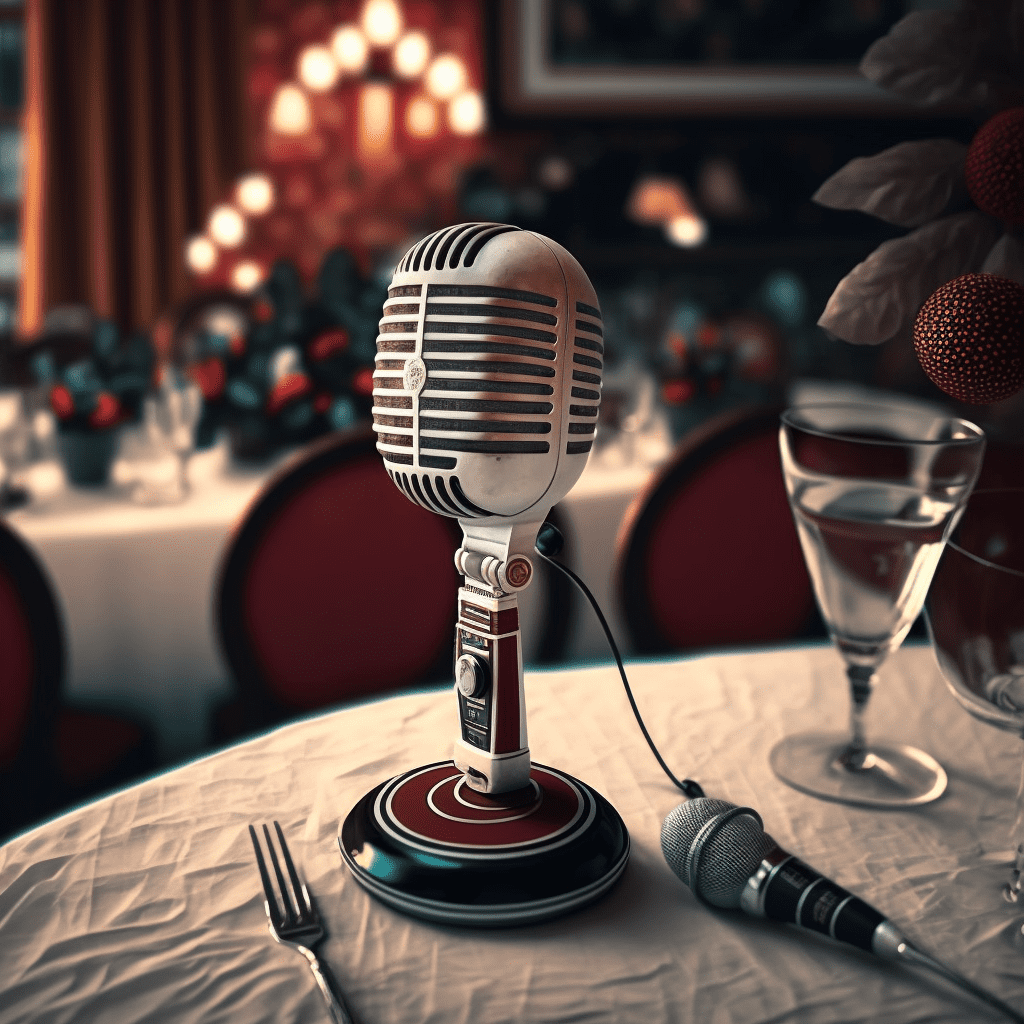 Microfone em cima de uma mesa em um ambiente que parece uma festa de Natal ou ano novo. A decoração é chique e com elementos brancos e vermelhos. A imagem foi gerada por inteligência artificial.
