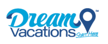 The logo for dream vacations is blue and white