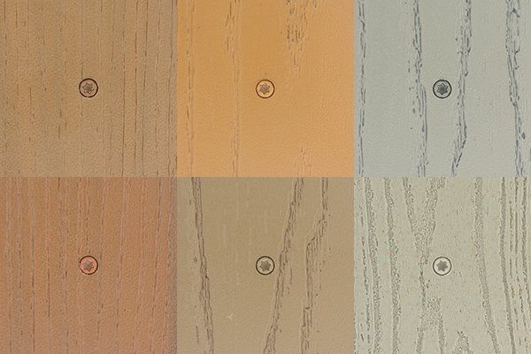 A collage of four different types of wood with screws in them.