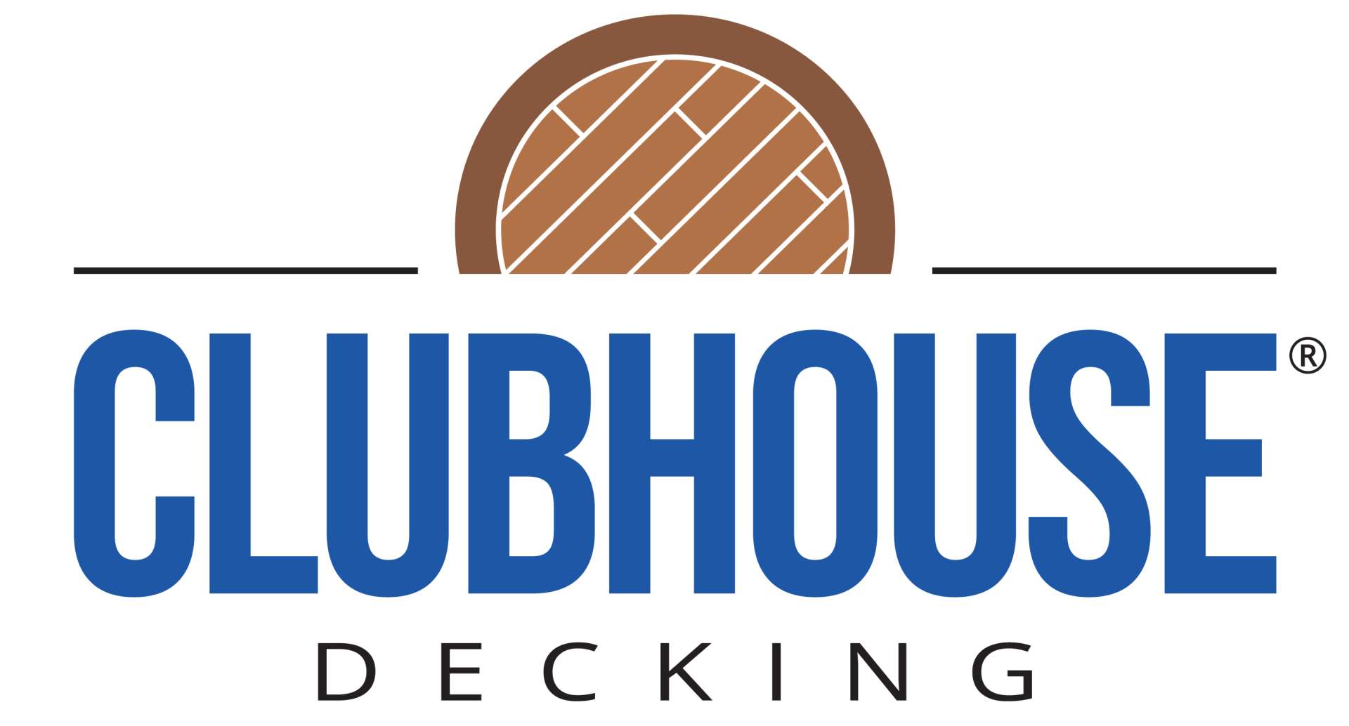 A blue and brown logo for clubhouse decking