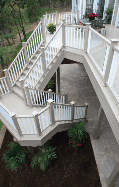 An aerial view of a deck with stairs leading up to it