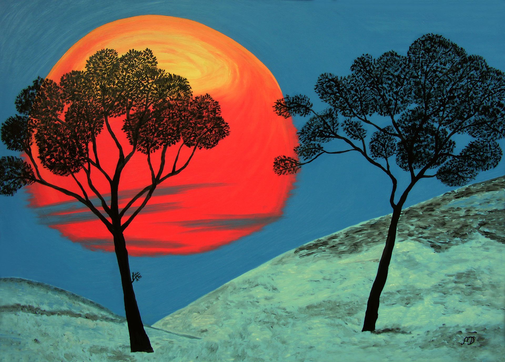 Ölbild - Winterlandschaft bei Sonnenaufgang