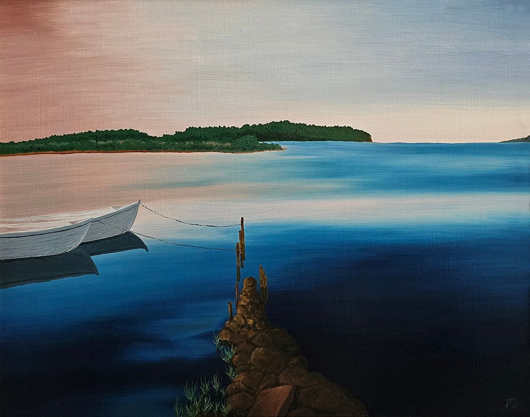 Ölbild - Boote an der kleinen Mole