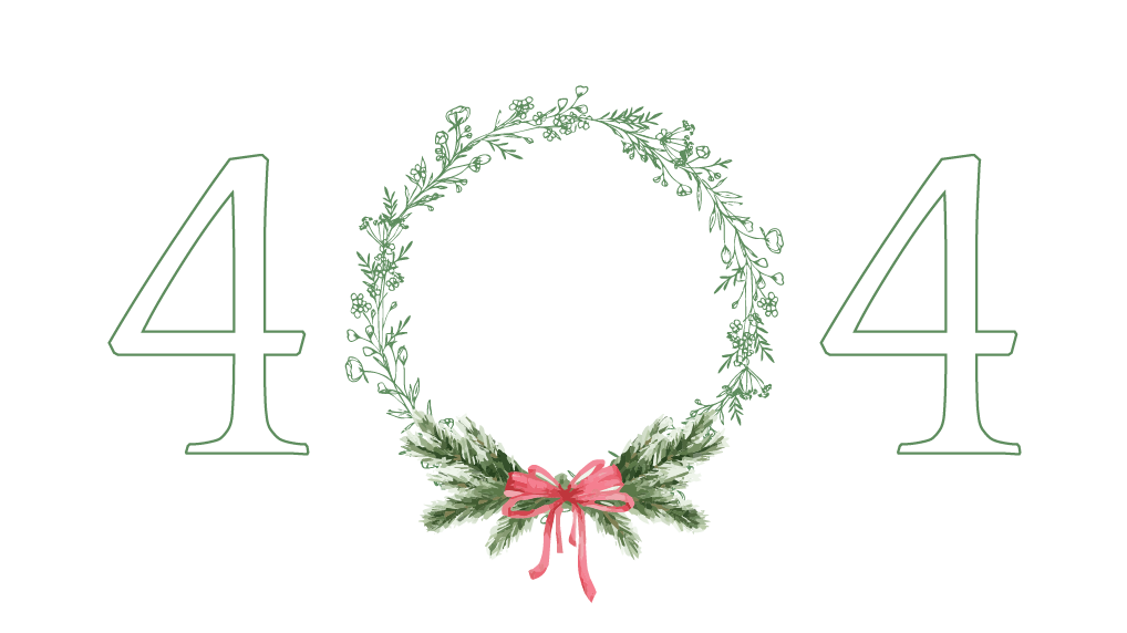 404 error message with a floral wreath and pink bow.