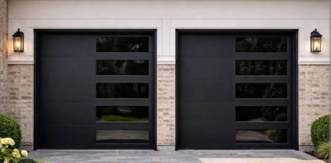 Modern black double garage doors set in a light stone house facade with wall lanterns and greenery.
