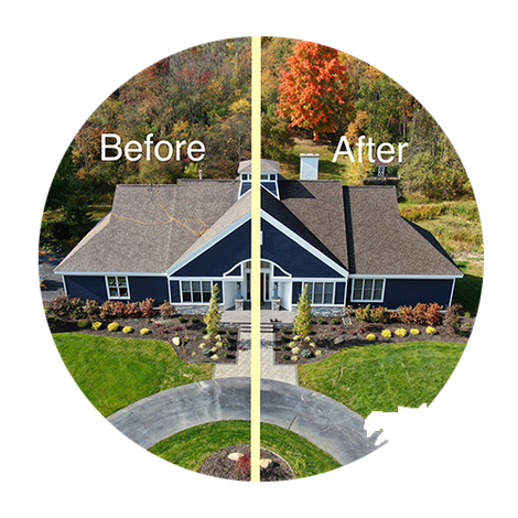 Before-and-after split view of a house with a new dark roof, front yard landscaping, and fall trees.