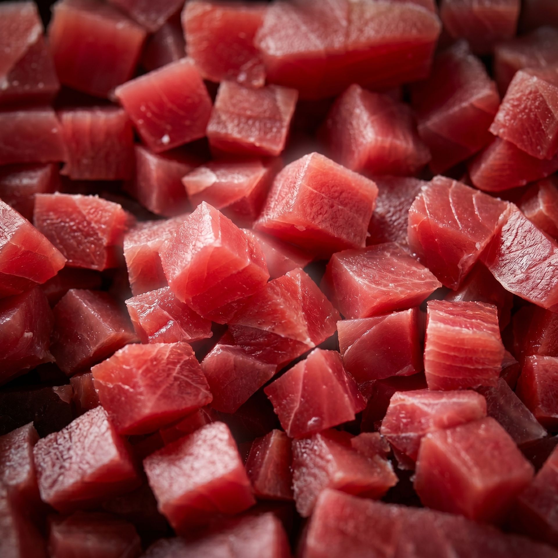 Diced raw tuna cubes piled together, deep red with glossy marbling