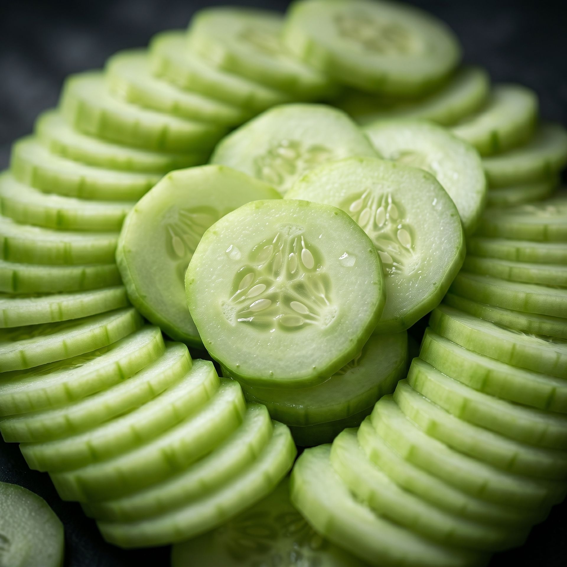 Sliced cucumber arranged in a neat green spiral pattern on a dark background