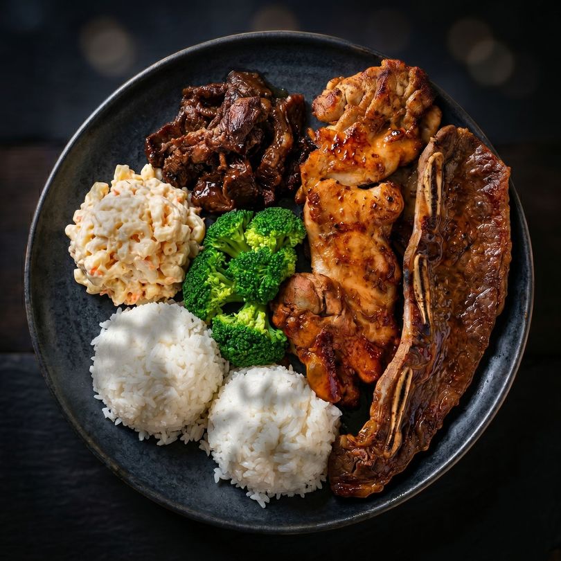 Plate with grilled meats, broccoli, and white rice on a dark background