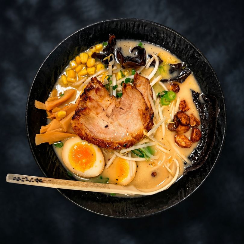 Tonkotsu ramen bowl with pork, soft-boiled egg, corn, mushrooms, and scallions in a black bowl