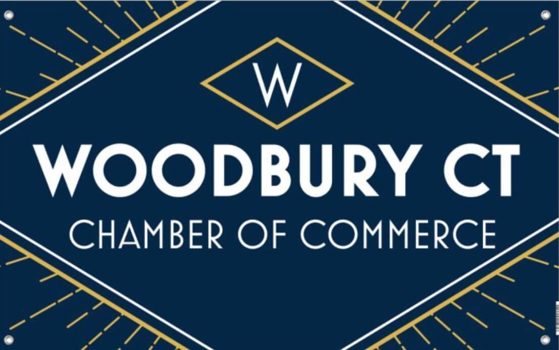 Woodbury CT Chamber of Commerce logo with dark blue background, gold and white geometric design, and letter 