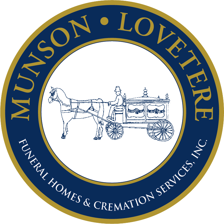 Munson Lovetere Funeral Homes & Cremation Services logo: a horse-drawn hearse within a blue and gold circular emblem.