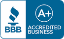 BBB logo with an A+ rating for an accredited business. Blue and white.