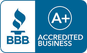 BBB logo with an A+ rating for an accredited business. Blue and white.