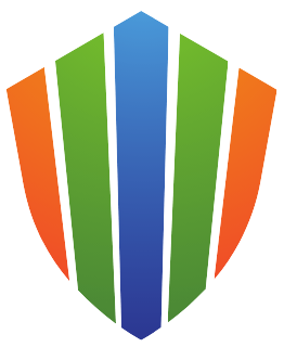Shield-shaped logo with vertical stripes in orange, green, and blue.