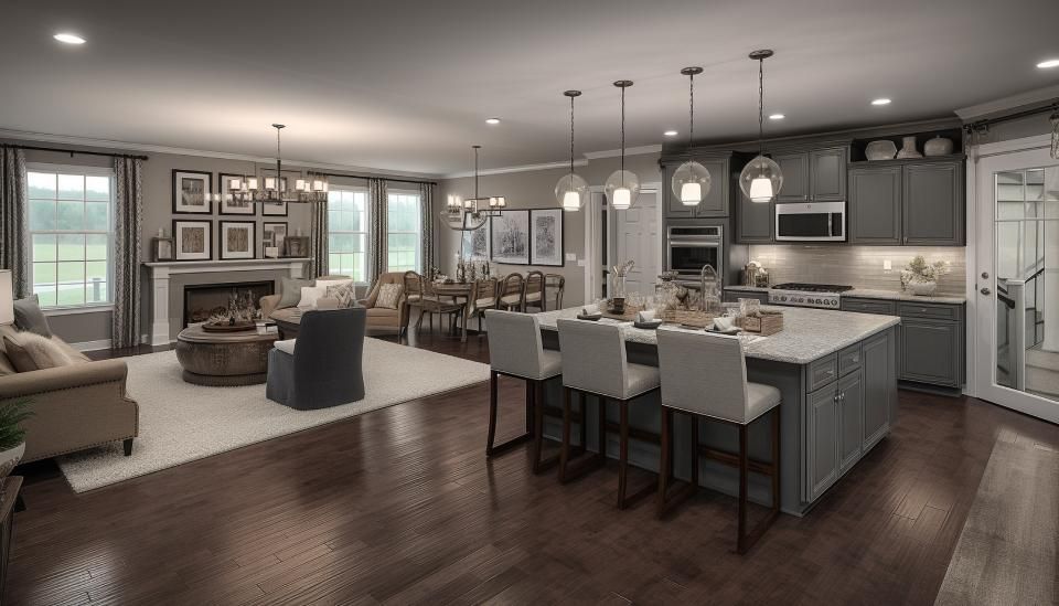 Open-concept living space with kitchen, dining area, and living room. Gray cabinets, island with stools, dark wood floors.