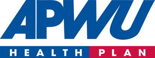 The apmu health plan logo is blue and red