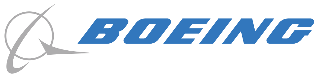 A blue and white boeing logo on a white background