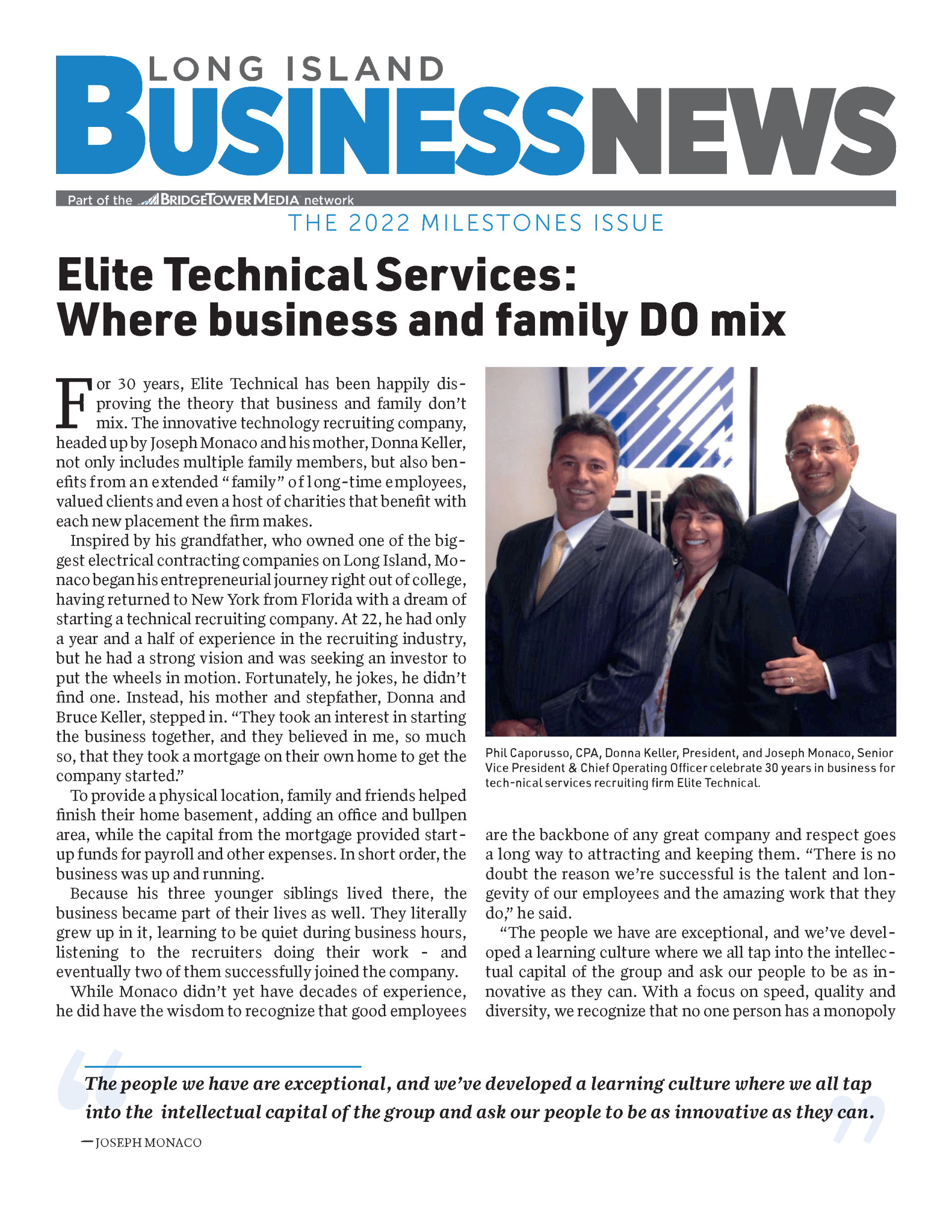 A newspaper article about elite technical services where business and family do mix.
