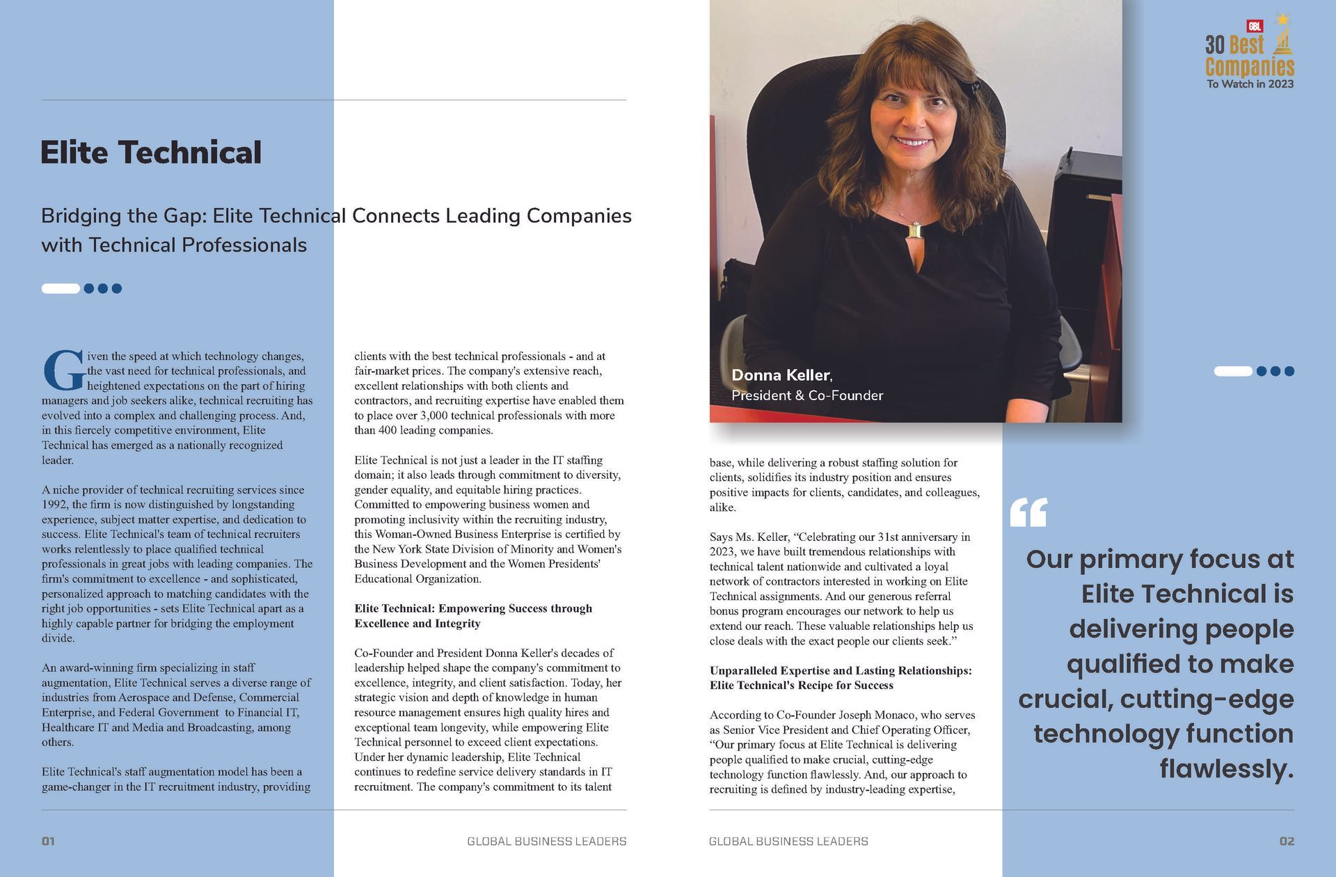 A brochure for elite technical shows a woman sitting in a chair