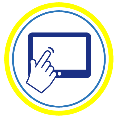 A hand is pointing at a tablet in a yellow circle.