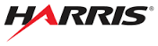The logo for harris is black and red with a red arrow.