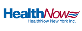 The logo for healthnow new york inc. is blue and red
