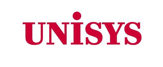 A red and white logo for unisys on a white background