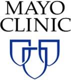 The mayo clinic logo is a blue shield with a cross on it.
