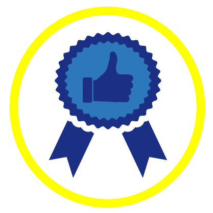 A blue ribbon with a thumbs up on it in a yellow circle.