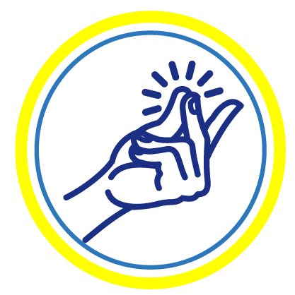 A blue and yellow icon of a hand holding something in a circle.