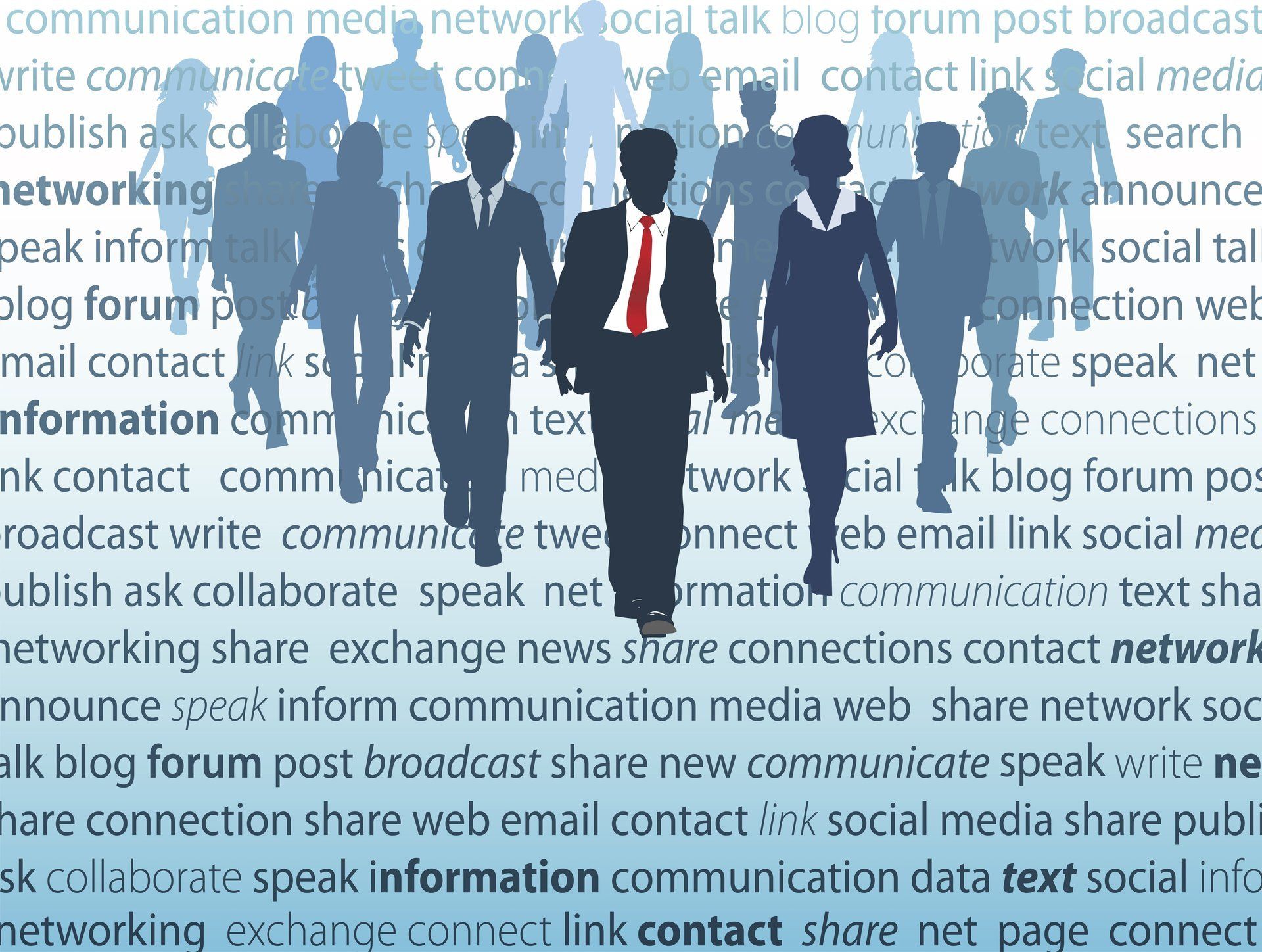 Business people in suits against background of business and networking words