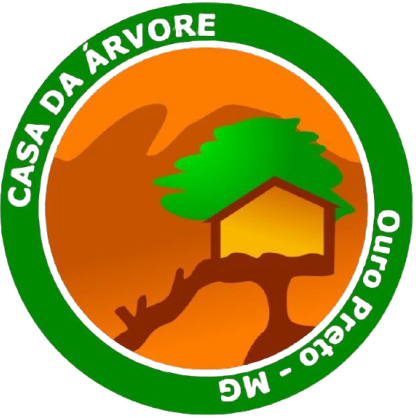 Logo: Treehouse on tree branch, green canopy, orange background, green border, 