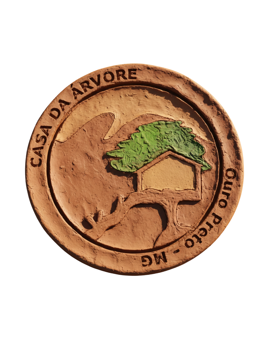 Logo: Treehouse on tree branch, green canopy, orange background, green border,