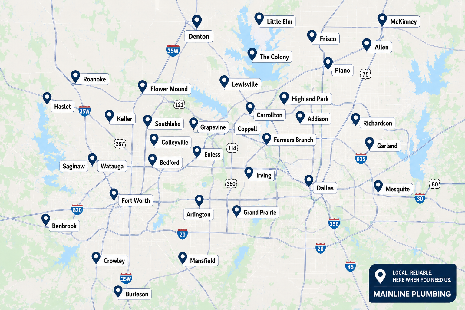 Map of a city area with many location pins and labels, highlighting nearby places and roads.